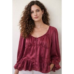 Moda Int'l 100% Silk Peasant Blouse Sz L Romantic PoetCore Renaissance Dark Pink